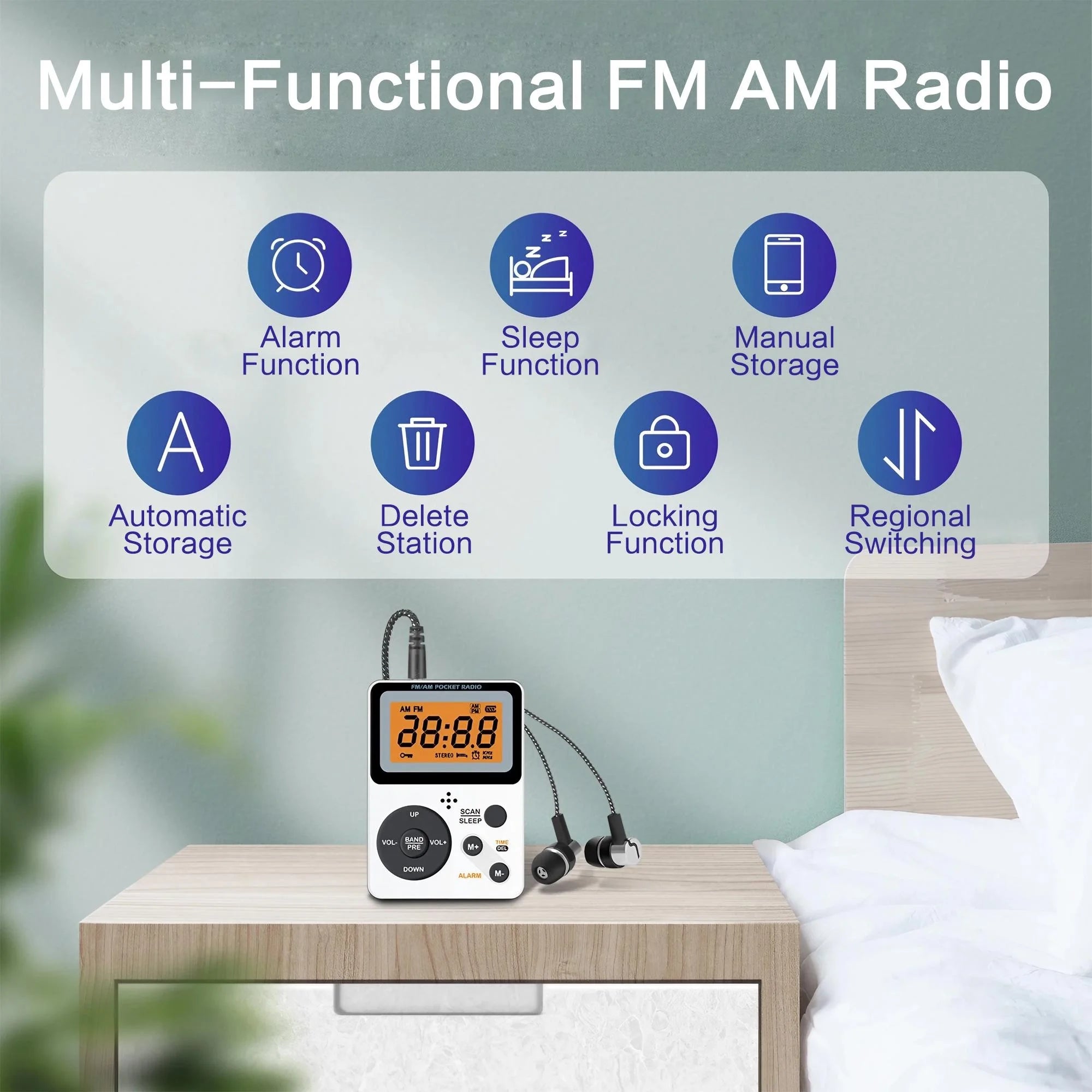 Portable AM FM Radio - Personal Pocket Radio with LCD Screen, Stereo Earphone Jack, Sleep Timer, and Alarm Clock for Outdoor