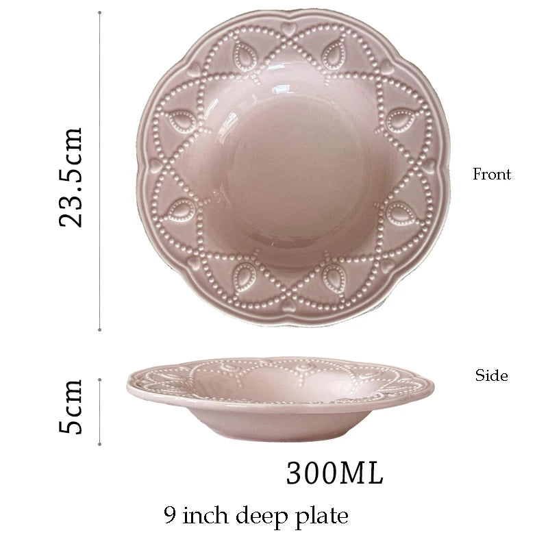 Pink Plate Set Retro Embossed Ceramic Dishes Cup and Saucer Breakfast Milk Mug Soup Plate Kitchen Tableware Housewarming Gift