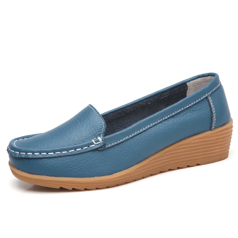 Women Shoes for Work Wedge Low Heels Casual Shoes Woman Slip-on Spring Autumn Genuine Leather Comfortable Female Shoes WSH2693