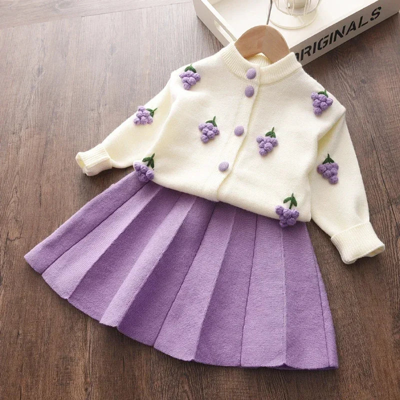 Kids Clothes Girls Winter Children's Clothing Cartoon Grape Strawberry Decoration Sweater Cardigan+solid Color Pleated Skirt Set