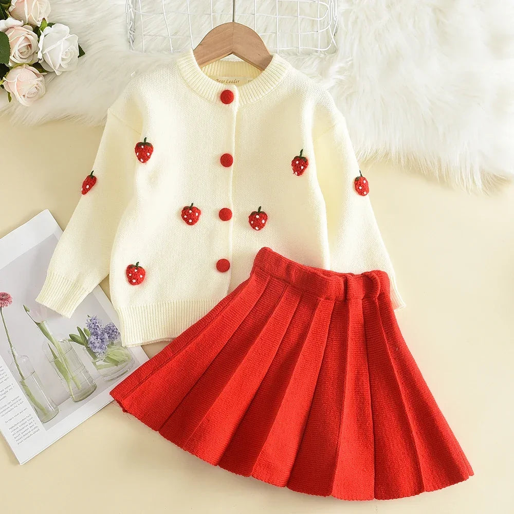 Kids Clothes Girls Winter Children's Clothing Cartoon Grape Strawberry Decoration Sweater Cardigan+solid Color Pleated Skirt Set