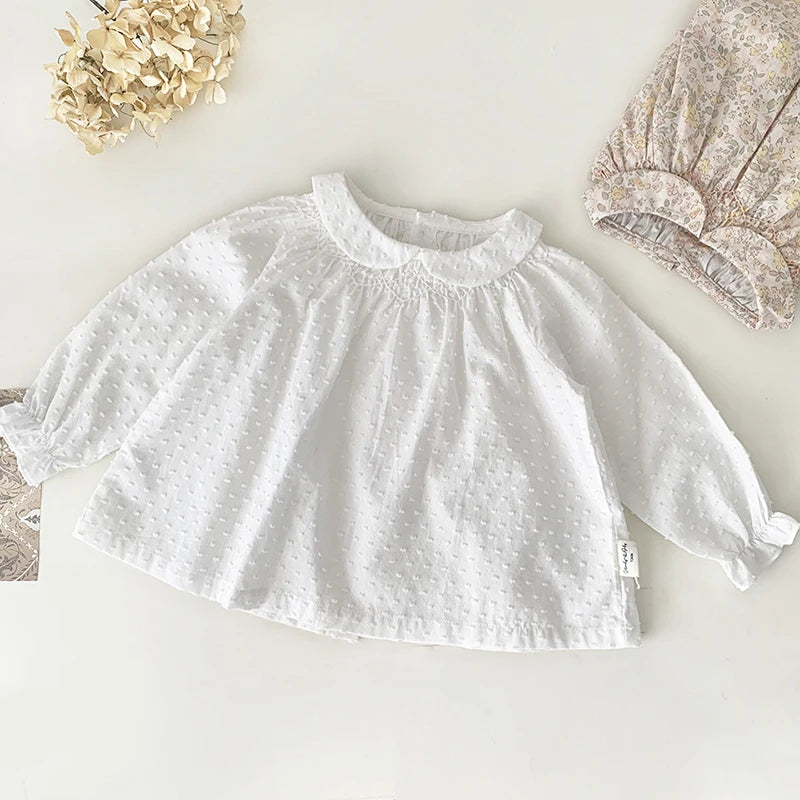 Spring Toddler Girls Blouse Petal Pan Collar Summer Soft Cotton Baby Tops Casual Kids Long Sleeve Base Shirt Embroider Clothes