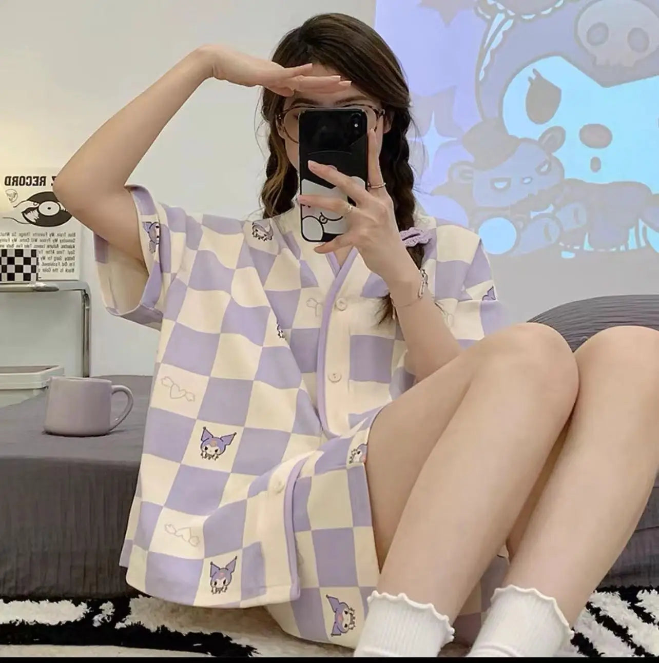 Hello Kitty Girls Cute Pajamas Sets Loose Nightgown Cartoon Soft Short Sleeve Tops Shorts Sweet Women's Clothes Sleepwear Summer