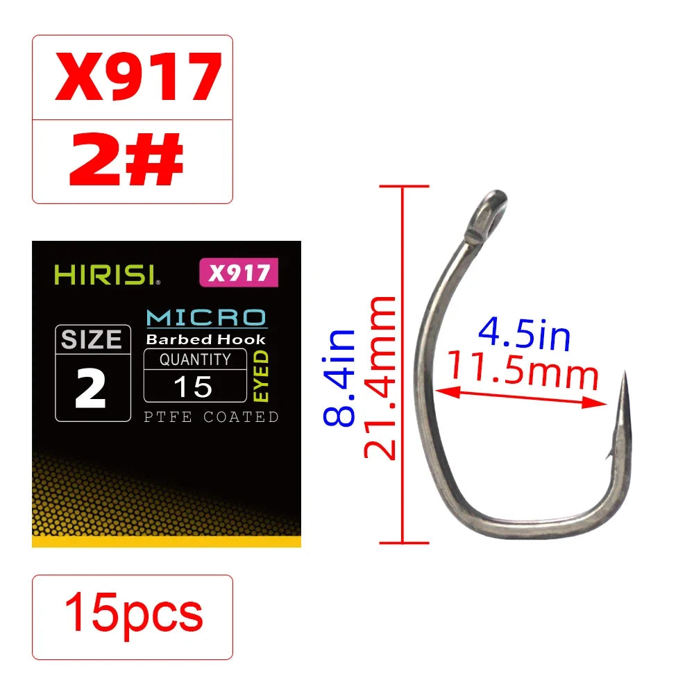 Hirisi 15pcs Carp Fishing Hooks With Eye Micro Barb High Carbon Steel Fish Hooks PTFE Coated X917 Fishing Accessories