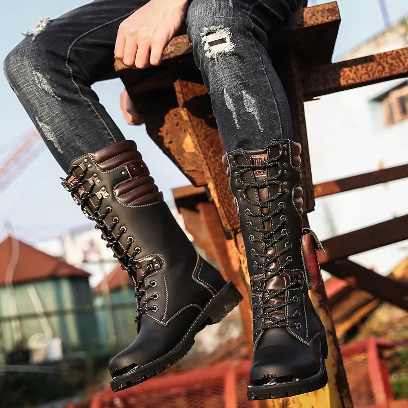 Men Knee High Leather Boots Winter Male Motorcycle Boots Gothic Punk Shoes Mens Outdoor Military Casual Tooling Boots Man