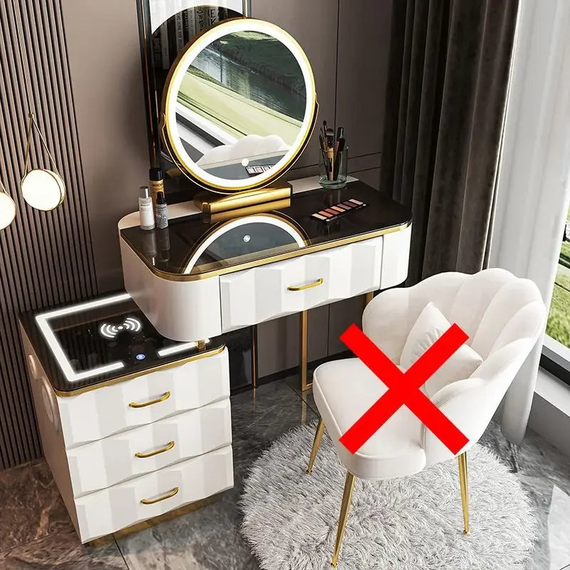 Makeup Vanity Desk with Wireless Charging Station and Bluetooth Speaker, Dressing Table with Tempered Glass Desktop,Vanity Set