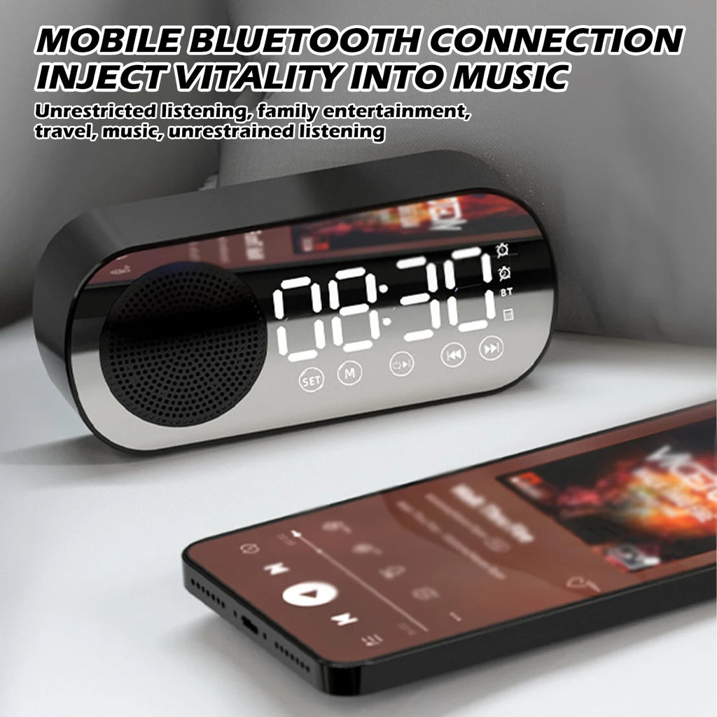 Digital Alarm Clock Bluetooth 5.0 Speaker LED Display Mirror Desk Alarm Clock with FM Radio Support TF Card Play for Home Office