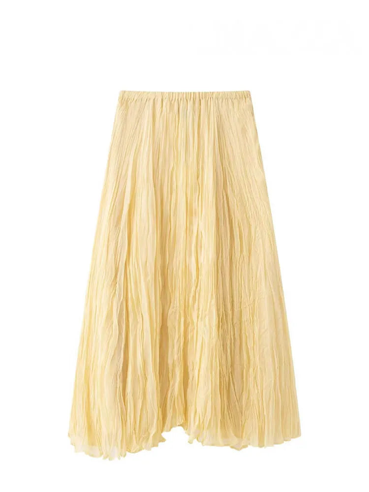HH 2025 Women Summer New Solid A-Line Midi Skirt Female Casual Pleated Button Crease Effect Trendy Elastic Waist Skirts