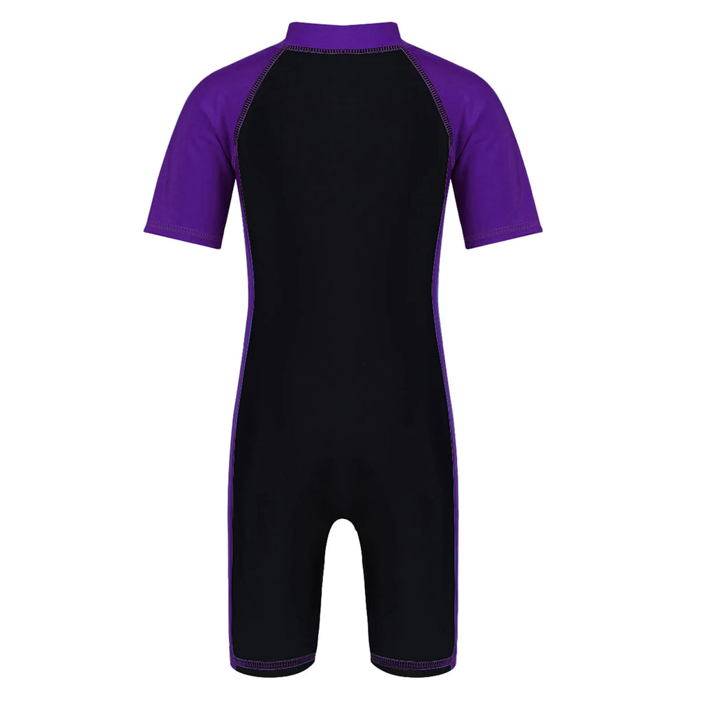 Kids Boys Girls Wetsuit Swimsuit One-piece Rash Guard Swimwear Short Sleeves Zippered Shorty Bodysuit Swimming Bathing Suit