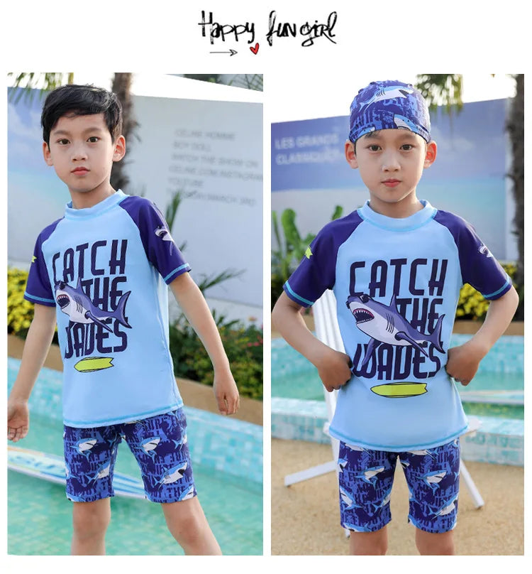 Kids Swimsuit Boys Two Pieces Shark Swimsuit Toddler Rash Guard and Trunk Set with Hat