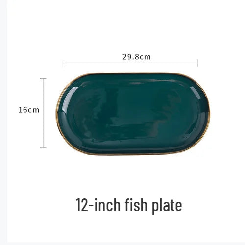 Gold Edging Green Porcelain Plates Food Dinner Set Dishes Salad Soup Bowl Ceramic Plates Bowls Luxurious Tableware Set