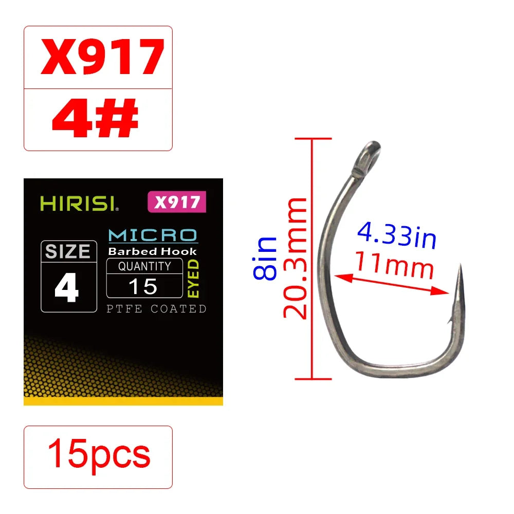 Hirisi 15pcs Carp Fishing Hooks With Eye Micro Barb High Carbon Steel Fish Hooks PTFE Coated X917 Fishing Accessories