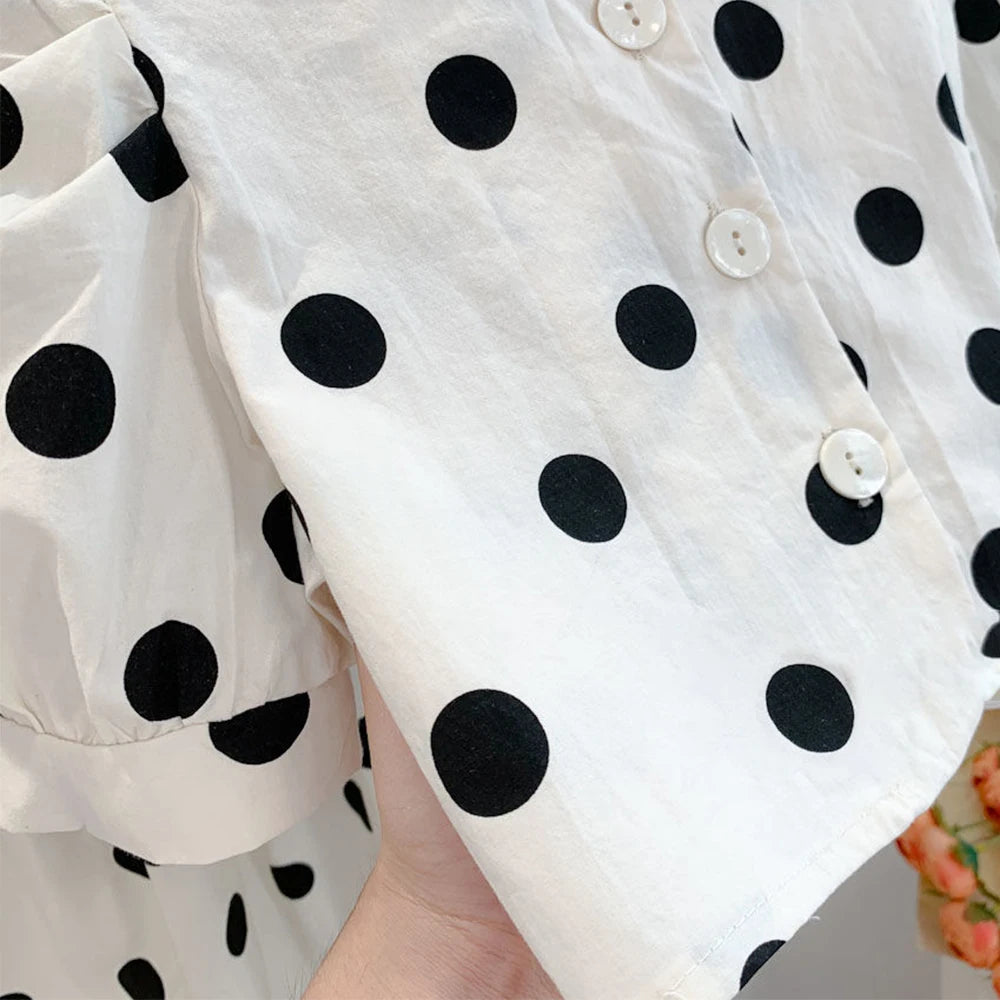 Polka Dot Girls Clothes Set Puff Sleeve Shirt Skirt Suit 2pcs Toddler Girls Summer Sets New Kids Outfits Children Clothing Set