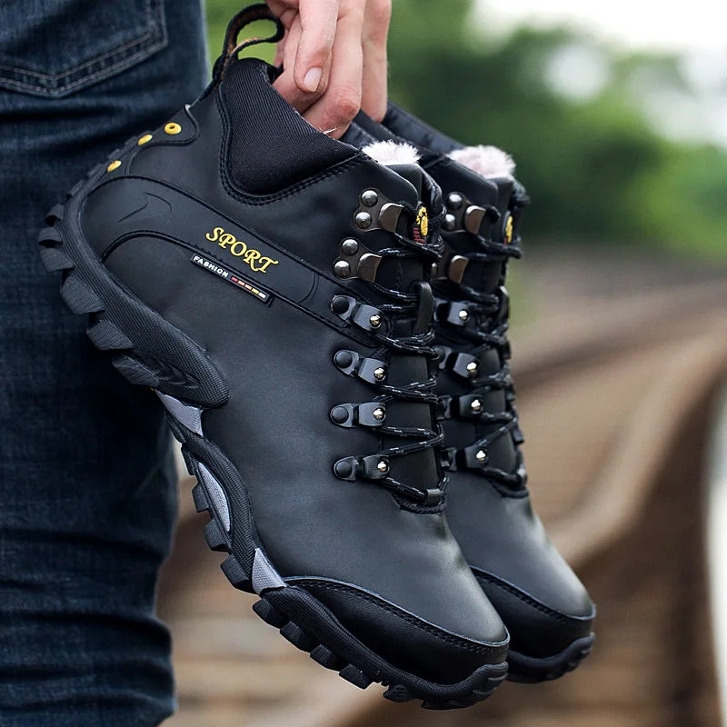 Mens Hiking Boots Leather Comfort Outdoor Anti Slip Trekking Shoes Super Warm Winter High Top Lace Up Casual Snow Boots for Men