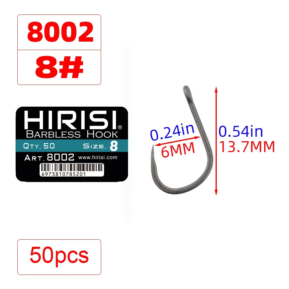 Hirisi 50pcs Barbless Fishing Hooks PTFE Coated High Carbon Steel Hook 8002 Freshwater Fishing Supplies