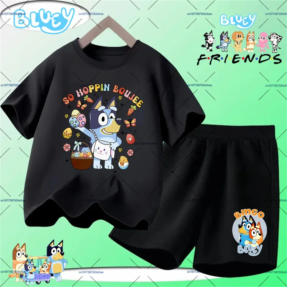 Kids Summer Casual Sports Outfit Bluey Cartoon Short Sleeve T-shirt & Shorts 2-Piece Set Soft Comfortable Children Clothing