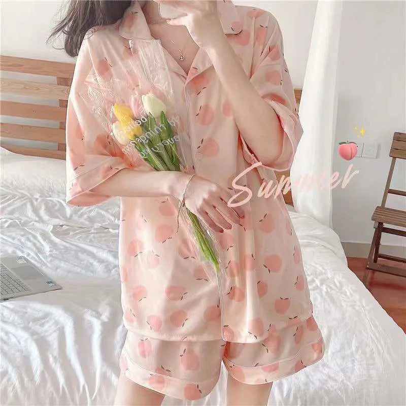 Hello Kitty Girls Cute Pajamas Sets Loose Nightgown Cartoon Soft Short Sleeve Tops Shorts Sweet Women's Clothes Sleepwear Summer