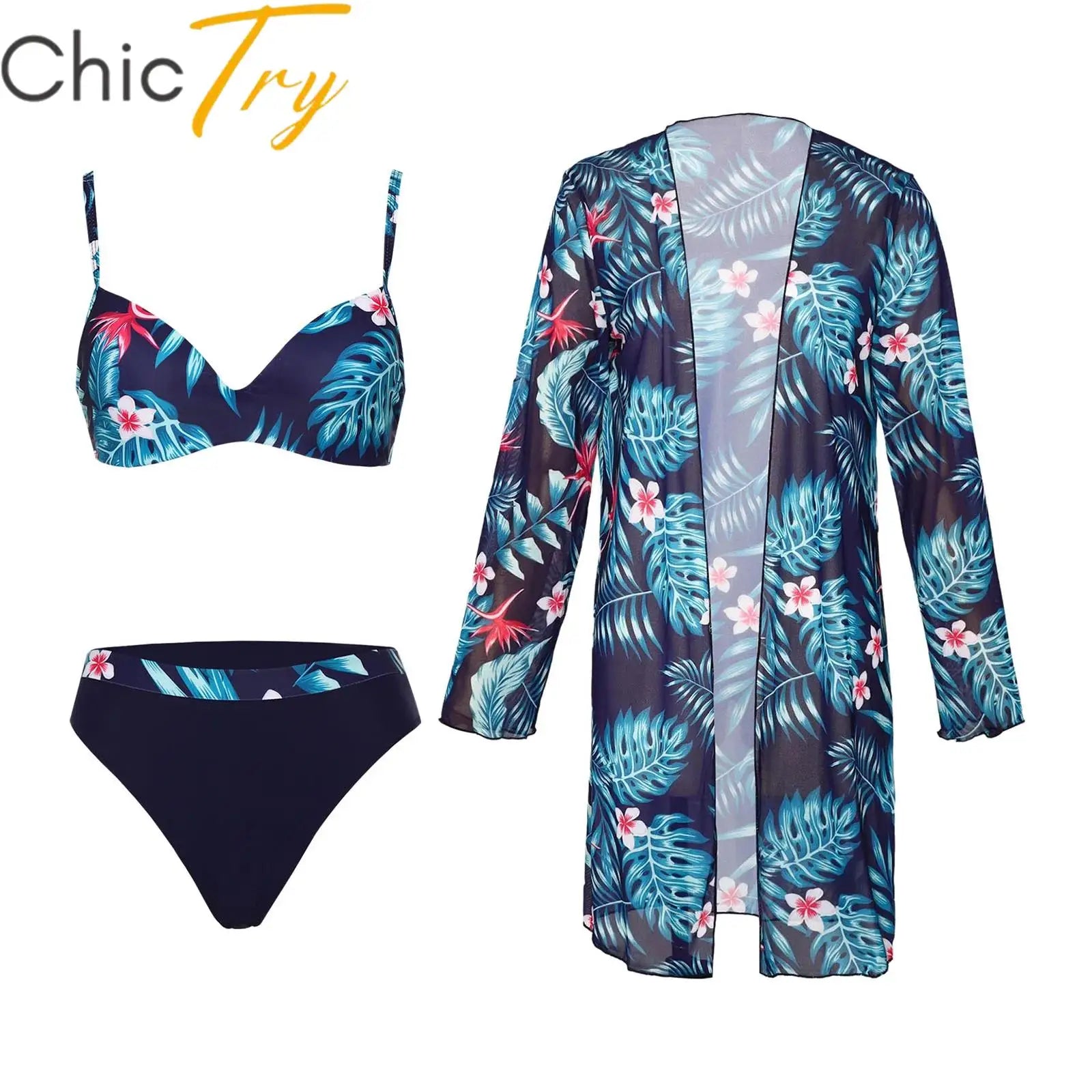 Womens Swim Sets Swimsuit Outfits Underwired Padded Bikini Set with Chiffon Cover-up Tropical Print Swimwear Beach Bathing Suit