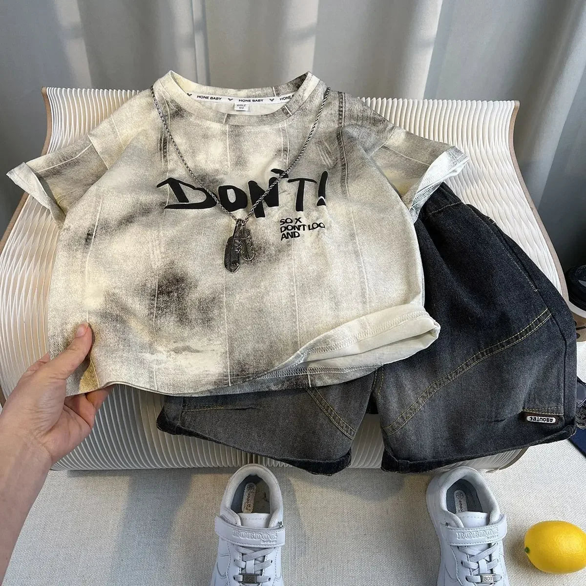 Kids Clothing 2pcs Sets Boys Grey Hole Short Sleeved T-shirt+ Denim Shorts Summer Suit 2025 New  Handsome Baby Clothes