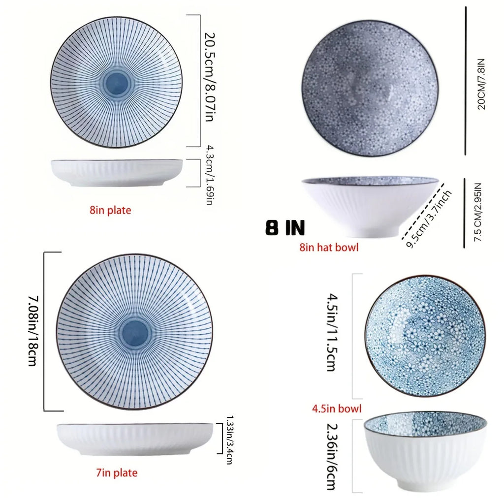 Set of 4 Ceramic Round Plates Bowls, Retro Design Serveware for Salad Dessert, Suitable for Halloween Thanksgiving Holiday Meals