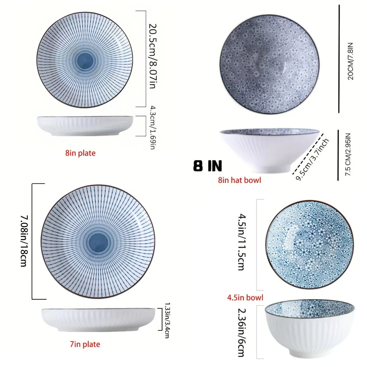 Set of 4 Ceramic Round Plates Bowls, Retro Design Serveware for Salad Dessert, Suitable for Halloween Thanksgiving Holiday Meals