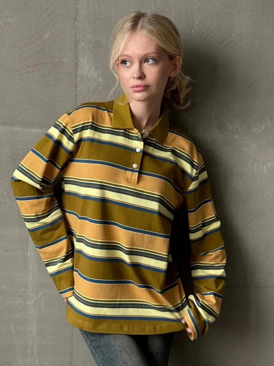 Bornladies Spring Summer New Women's Retro Striped Polo Collar Oversized Long Sleeve T - Shirt Trendy Casual Loose Basic Top