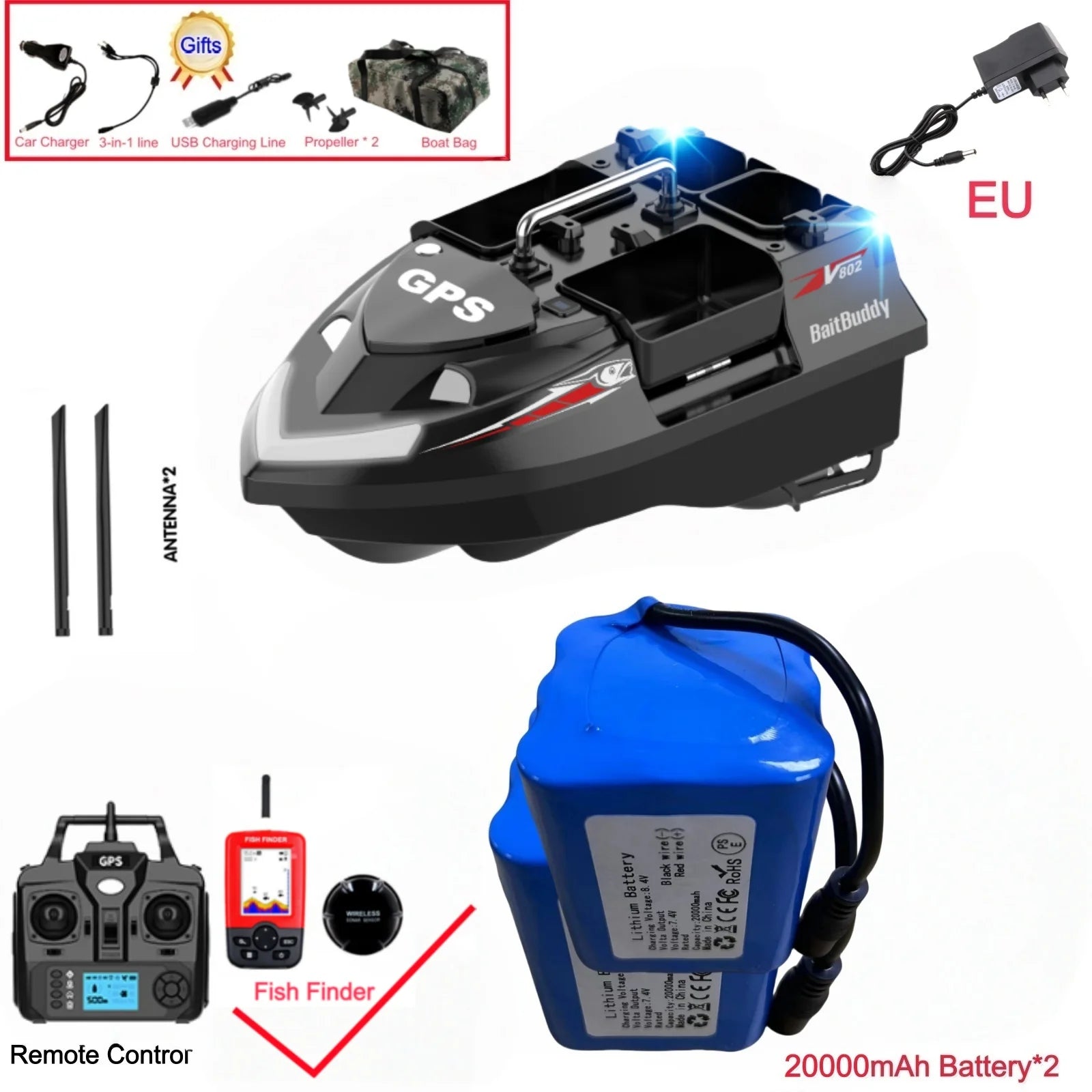 GPS Positioning 160 Positioning Points Fishing Boat Rc Bait Boat 4 Hoppers Waterproof 3KG Load 500M 15KM/H GPS One Click Return
