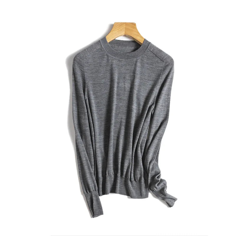 Birdtree, 100% Pure Wool Elegant Thin Sweater, Women O Neck Long Sleeve, Basics Bottom Knit Tops, 2024 Summer New T46840QM