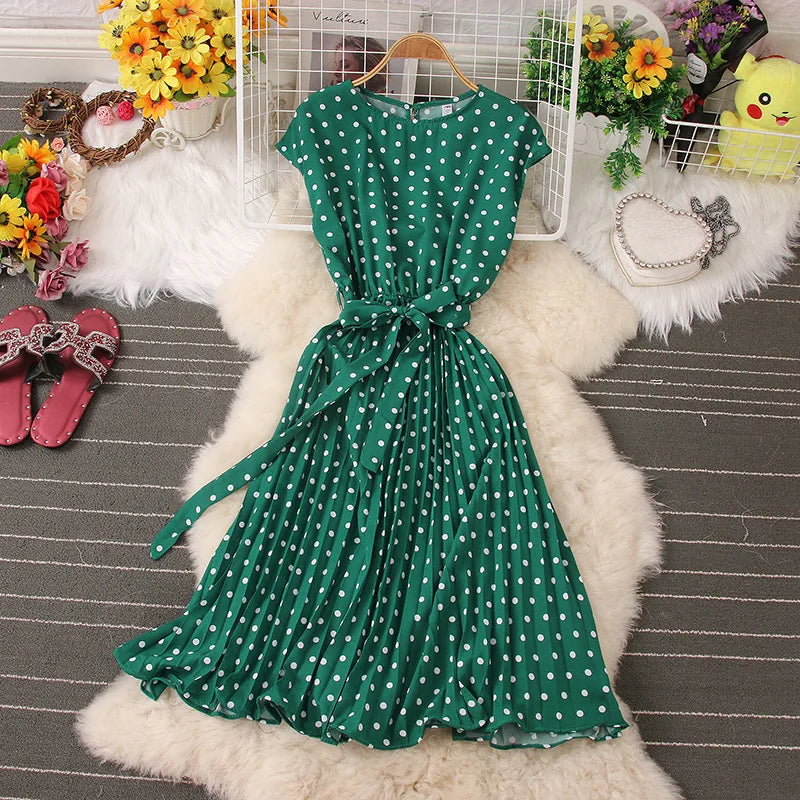 Ficusrong Dot Print Chic Summer Women Dress High Waist Knee Length Bandage Ladies Medium Long Dresses