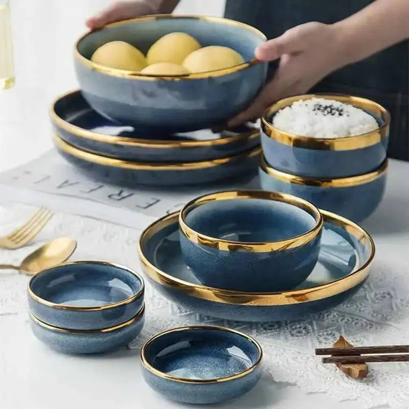 1Pcs Ceramic Dishes Steak Dessert Dinner Plate Blue Gradient Salad Soup Bowl Plates Tableware