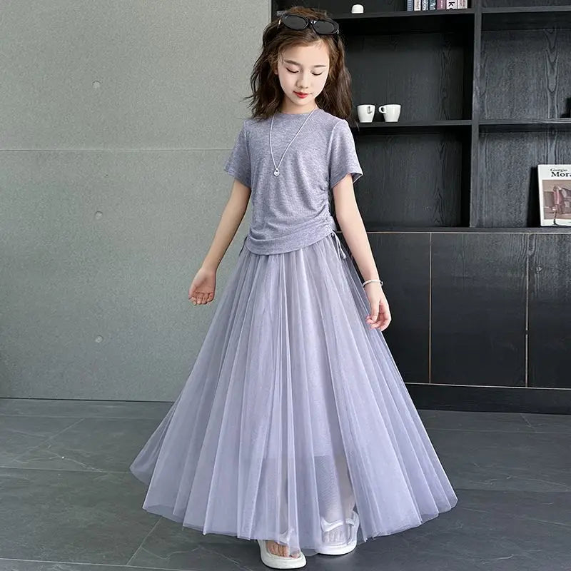 Children's Costume Girls Clothes 11 To 12 Years Old Sets Summer Suits Child Set Fashion Outfit T-shirts Home Clothing Girl Dress