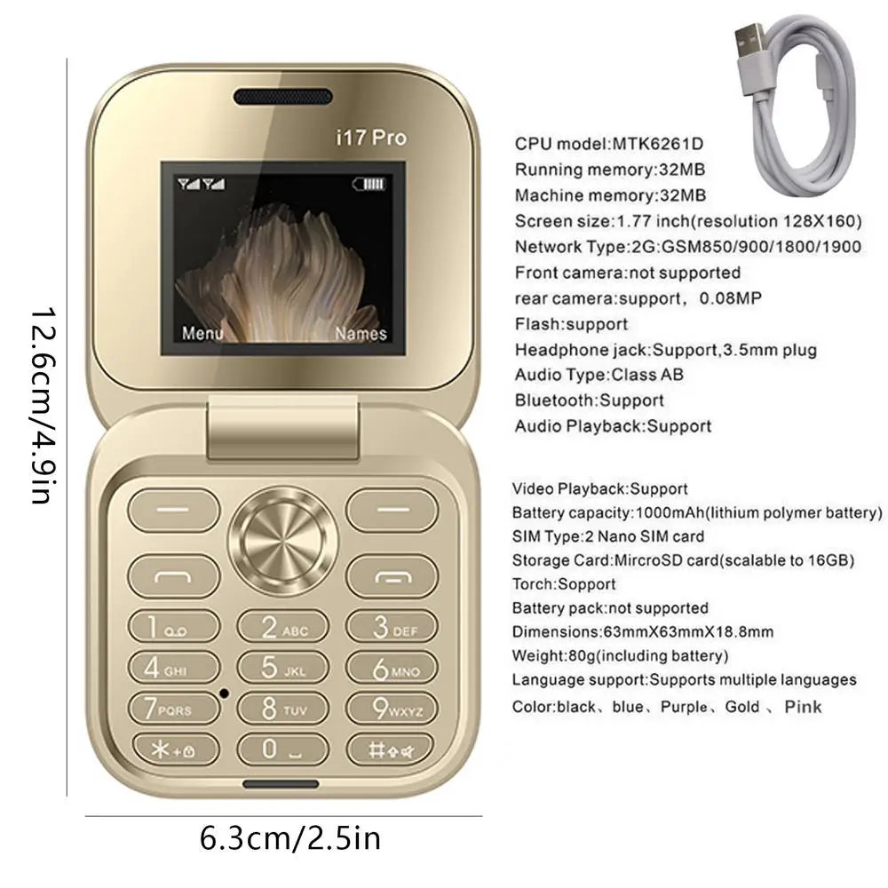 Seniors Cell Phone Foldable Multifunctional Clamshell Phone 1.77 Inch Screen Mini Mobile Phone Portable Clamshell Phone With
