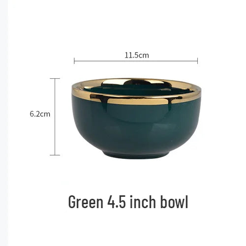 Gold Edging Green Porcelain Plates Food Dinner Set Dishes Salad Soup Bowl Ceramic Plates Bowls Luxurious Tableware Set