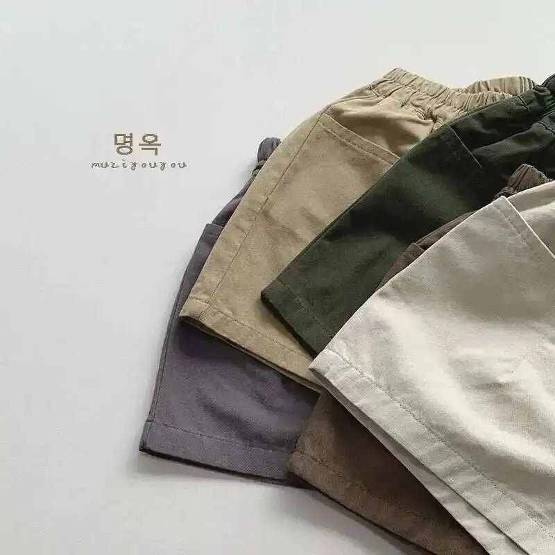 Spring Summer Children Shorts 1-8Y Boys Girls Cotton Pockets Solid Short Pants Trousers Korean Toddler Wear Bottoms Kids Clothes