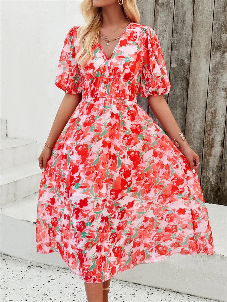 Msfilia Fashion V Neck Floral Dress Women's Midi High Waist A Line Chic Print Retro Lantern Sleeves Summer Long Dress