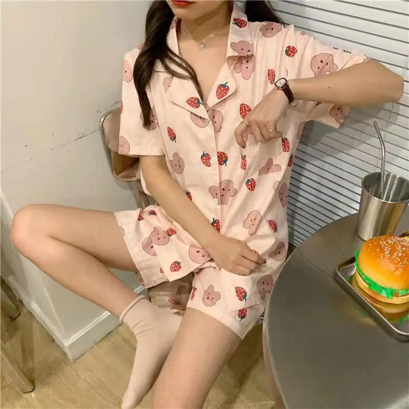 Hello Kitty Girls Cute Pajamas Sets Loose Nightgown Cartoon Soft Short Sleeve Tops Shorts Sweet Women's Clothes Sleepwear Summer