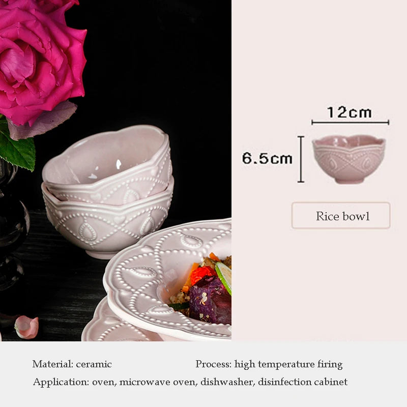 Pink Plate Set Retro Embossed Ceramic Dishes Cup and Saucer Breakfast Milk Mug Soup Plate Kitchen Tableware Housewarming Gift