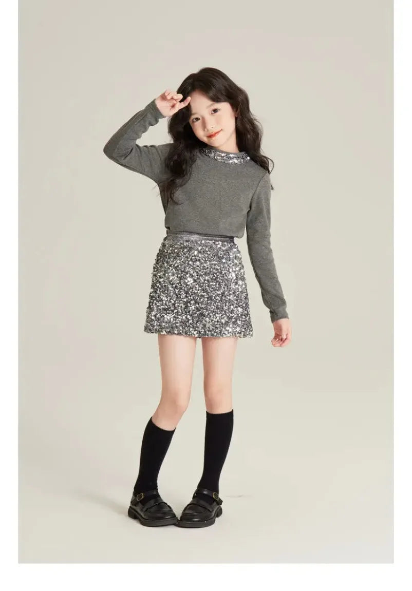 Kids Girls Clothes Girls Fall Boutique Sets Top  Sequined  Elementary Student Clothes Skirts Princess 2025  Elegant Suits 3-8 T