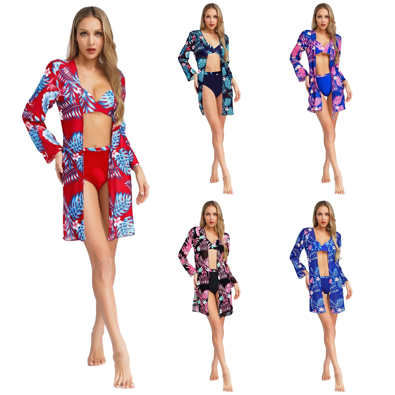 Womens Swim Sets Swimsuit Outfits Underwired Padded Bikini Set with Chiffon Cover-up Tropical Print Swimwear Beach Bathing Suit