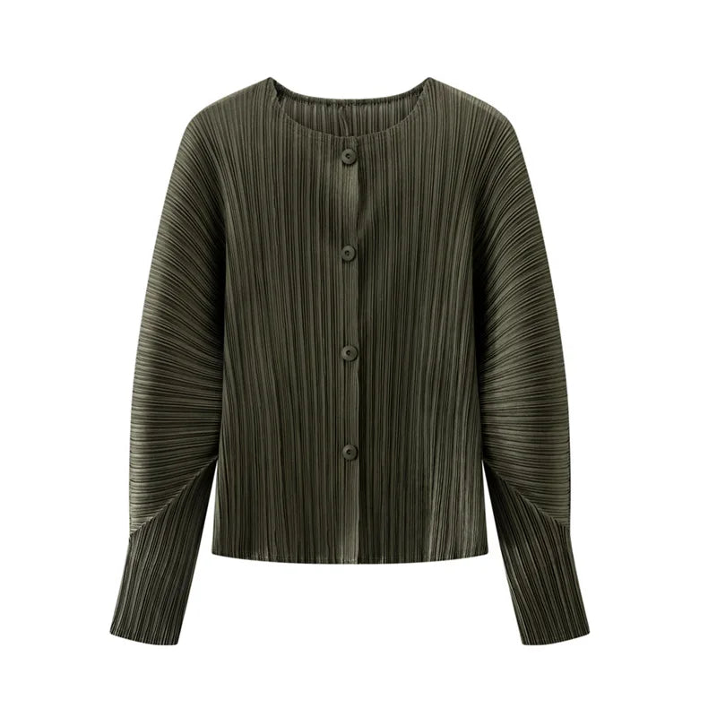 Miyake Pleated Solid Color Round Neck Cardigan Short Jacket for Women Long Sleeve Spring 2025 New Fashionable Age-reducing Top