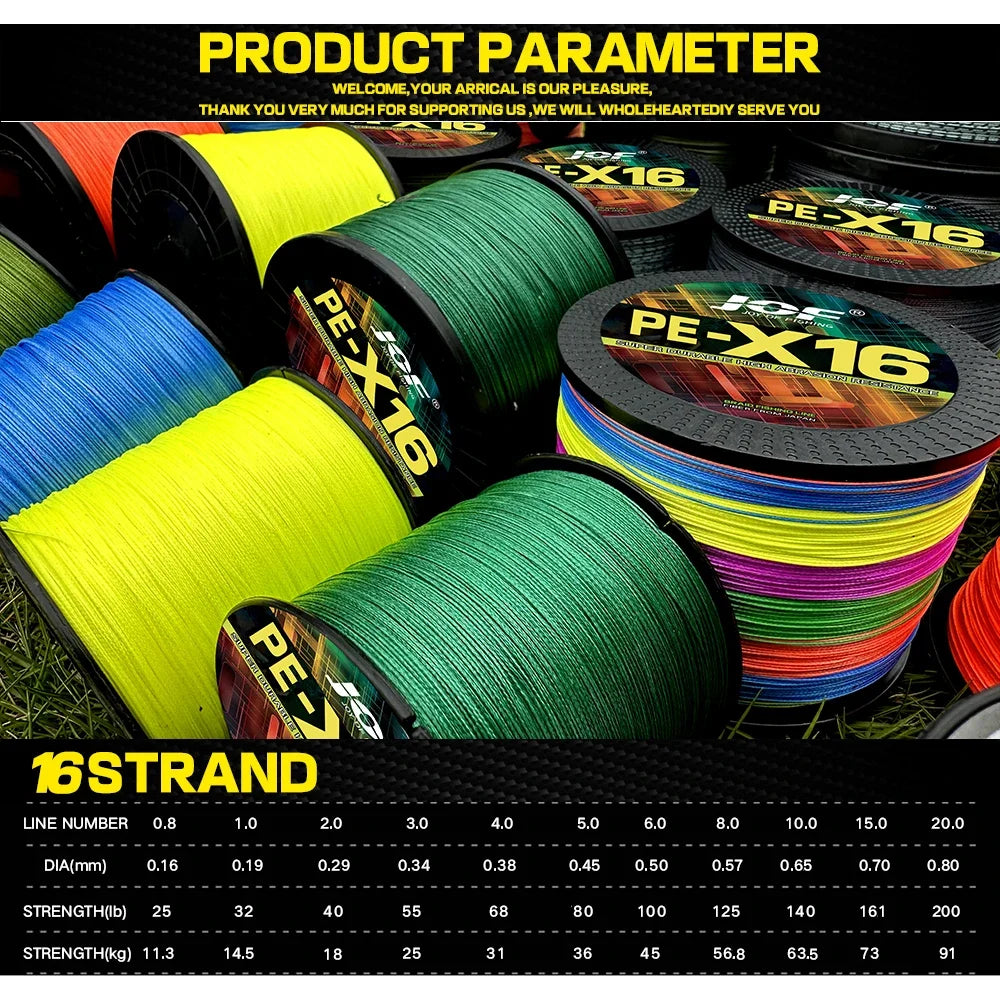 16 Strands Braided Fishing Line X16 Super Strong 25/40/80/100/125/140/161/200LBS HollowCore 100-1000M Multifilament 11.3-91kg