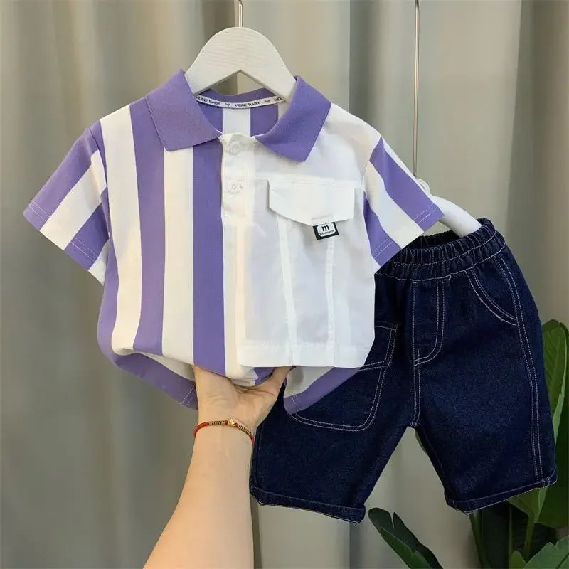 Kids Clothing 2pcs Sets Boys Grey Hole Short Sleeved T-shirt+ Denim Shorts Summer Suit 2025 New  Handsome Baby Clothes