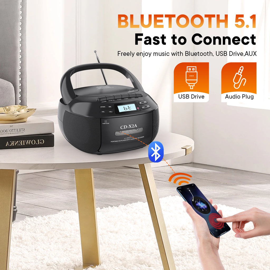CD cassette player recorder with USB/MP3 and radios,portable cd tape boombox with remote control,AC DC power