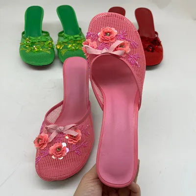 2026 Summer Spring Women Slippers for Woman Mesh Flower High Heeled Shoes Sexy Ladies Slip-On Non-Slip Round Toe Wedding Sandals