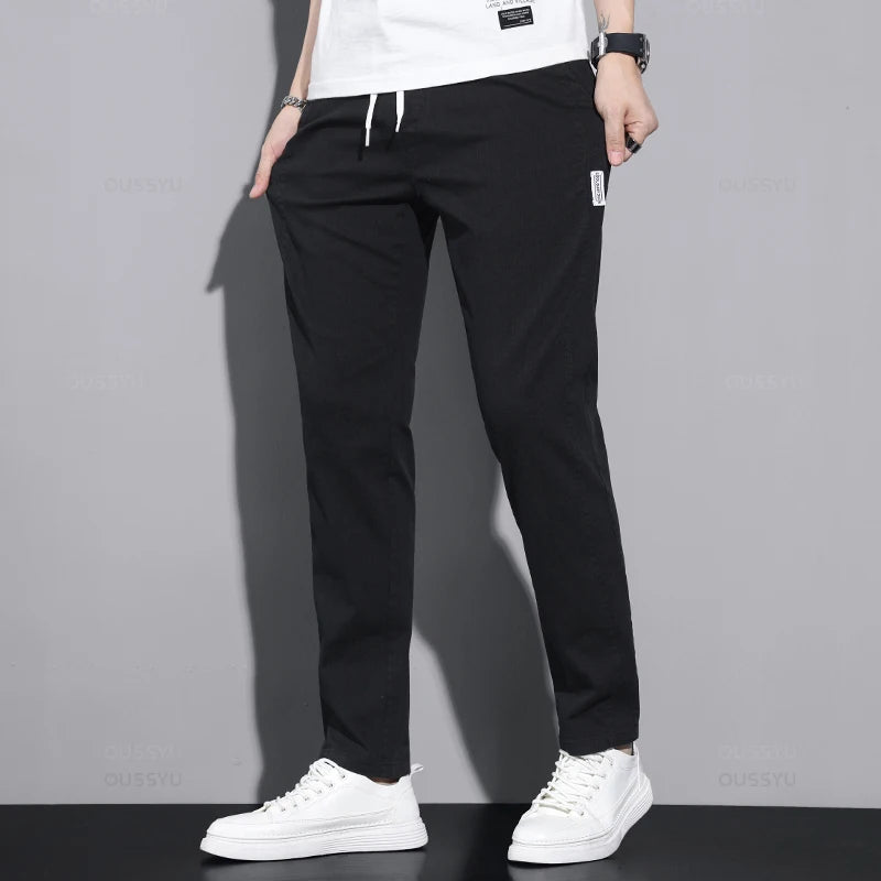 New Spring Autumn Cotton Men's Casual Pants Classic Drawstring Elastic Waist Stretch Blue Jogging Work Cargo Trousers Male