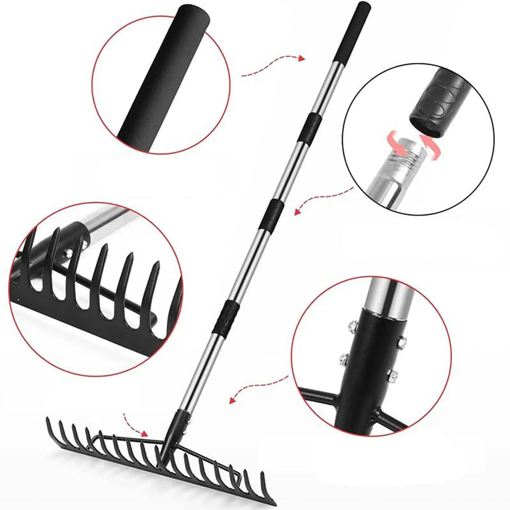 Lawns Rake Adjustable Handle Weeding Nonslip Gardening Tool Garden Leaf Rake