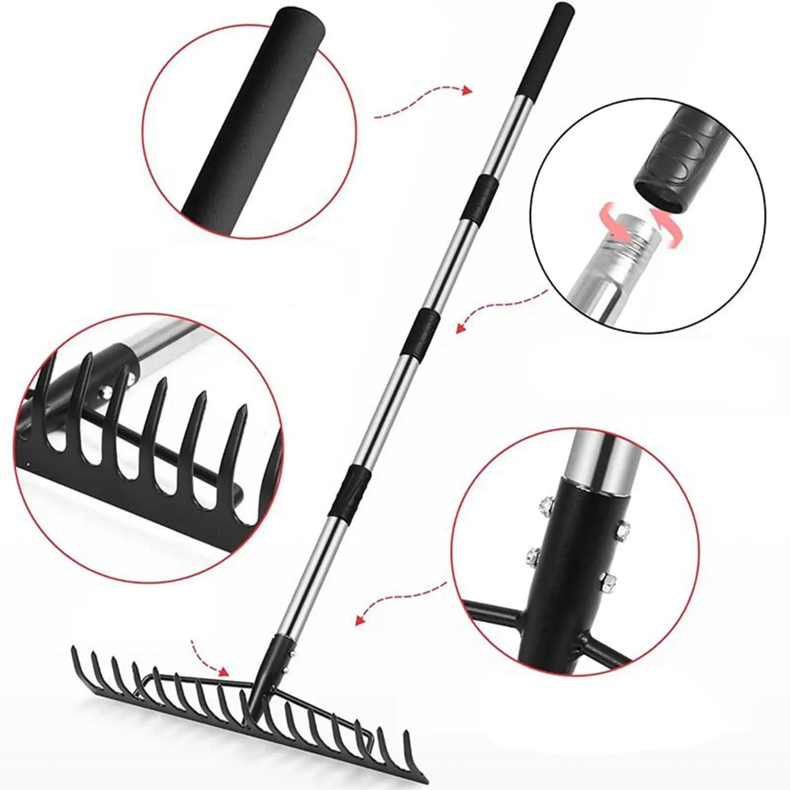 Lawns Rake Adjustable Handle Weeding Nonslip Gardening Tool Garden Leaf Rake
