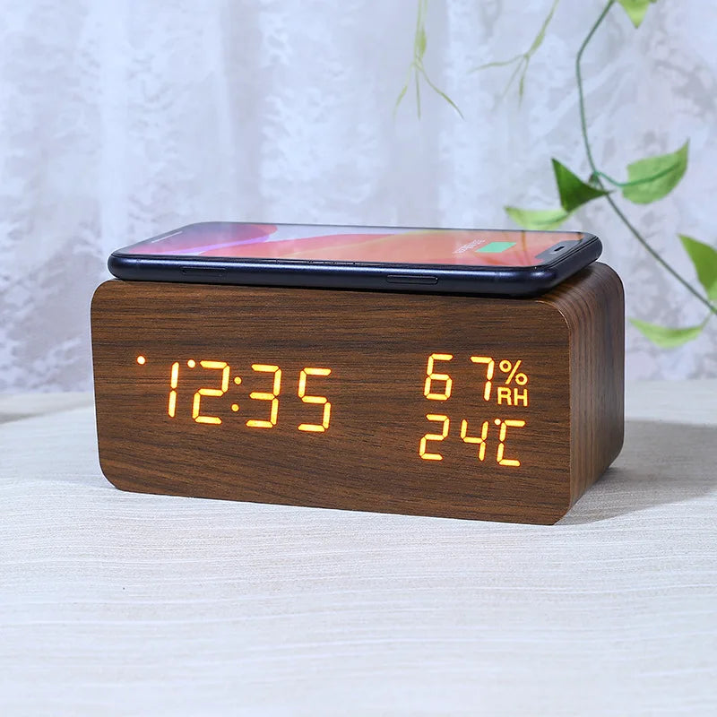 New Wooden Digital Alarm Clock Bluetooth Speaker with Wireless Charging Led Temperature Humidity Display Sound Control Function