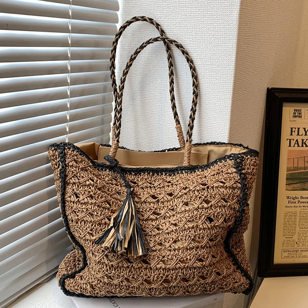 Summer Straw Bags for Women Straw Shoulder Bags Rattan Woven Boho Wicker Beach Tote Handbags Hollow Out Tassel Handle Bag Bolsas