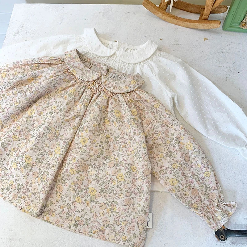 Spring Toddler Girls Blouse Petal Pan Collar Summer Soft Cotton Baby Tops Casual Kids Long Sleeve Base Shirt Embroider Clothes